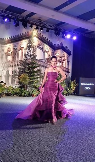 Miss International 2013 Bea Rose Santiago in a Renee Salud gown made from hand-woven and naturally painted Negros silk from OISCA, Bago City.